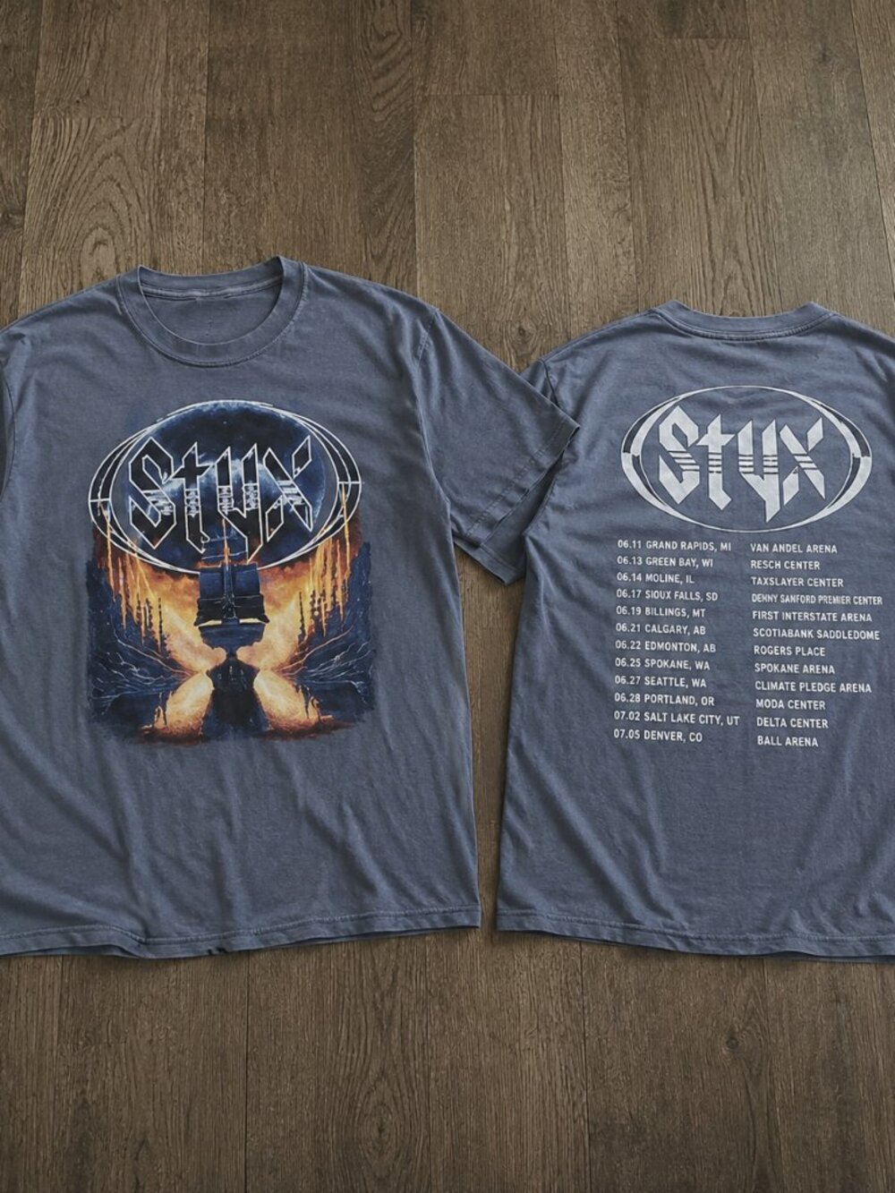 Styx The Windy Cities Tour 2026 Blue Flame Double Sided Concert T-Shirt